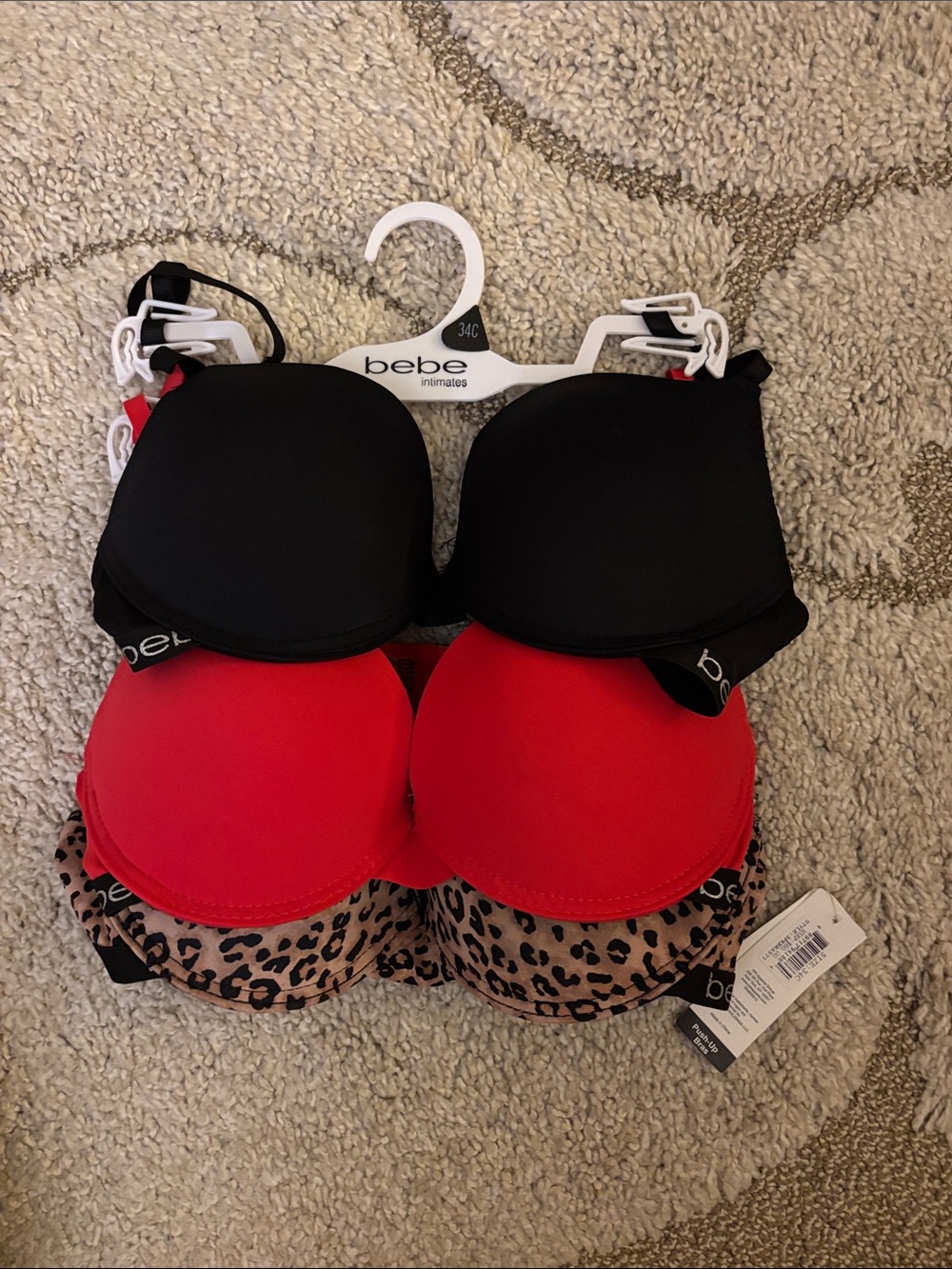 bebe 3-Pack Push-Up Bras in Black, Red & Leopard